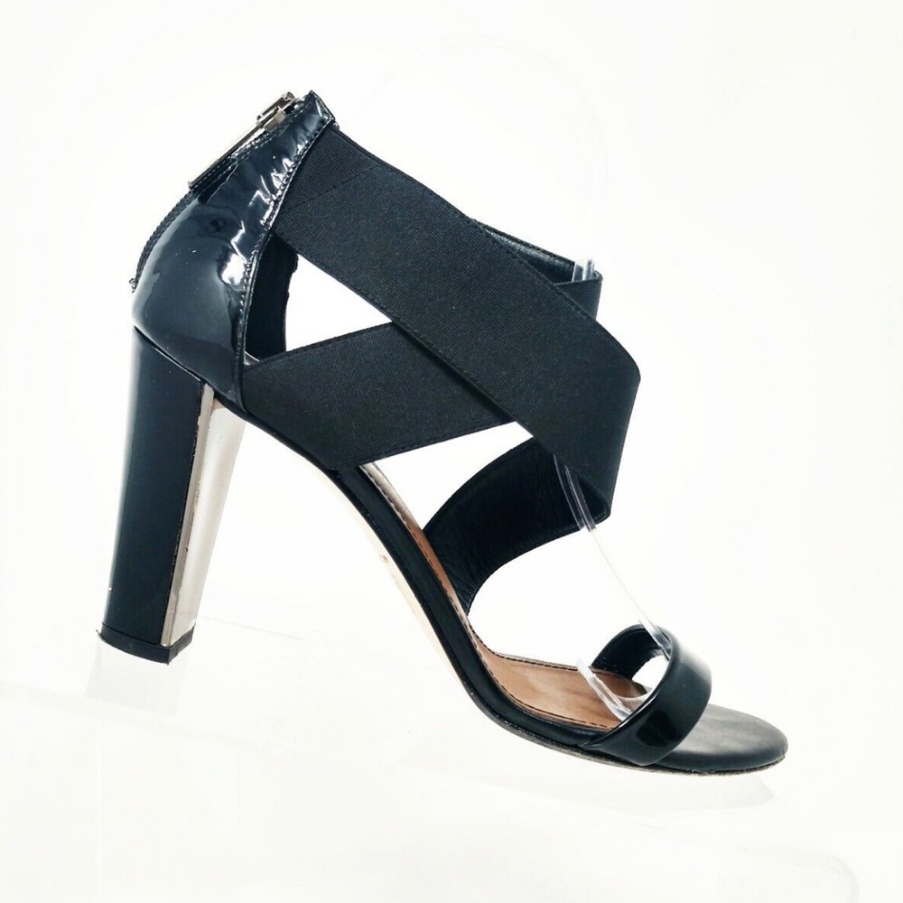 Donald J Pliner Alli Black Elastic Strappy Patent Leather Heel Pump Sandals